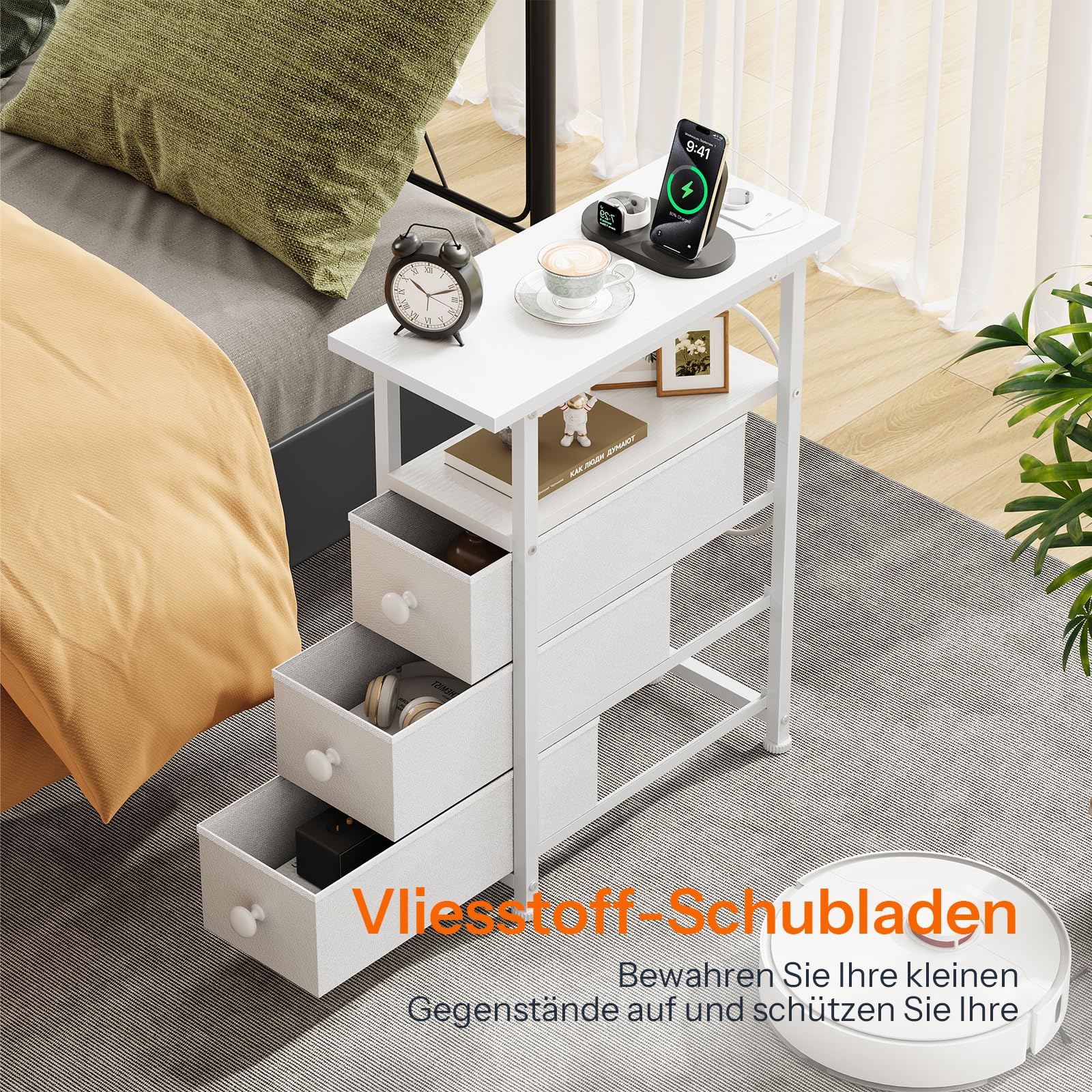 HOOBRO Nachttisch mit Ladestation, 1 Standardsteckdose, 2 USB-Anschlüsse, schmaler Beistelltisch, 3 Vliesstoff-Schubladen, offenes Fach, für Wohn-, Schlafzimmer, Weiß EWW482CBZ01