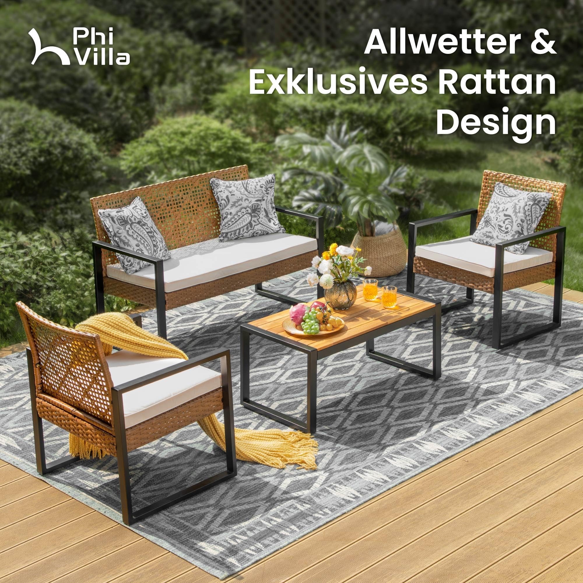 PHI VILLA Gartenmöbel Balkonmöbel Set mit 1 x 2-Sitzer Sofa, 2 x Sessel und 1 x Tisch, 4 Personen Outdoor Lounge Möbel Gartensofa. Wetterfest Rattan Balkon Lounge für Garten Terrasse, Beige & Braun