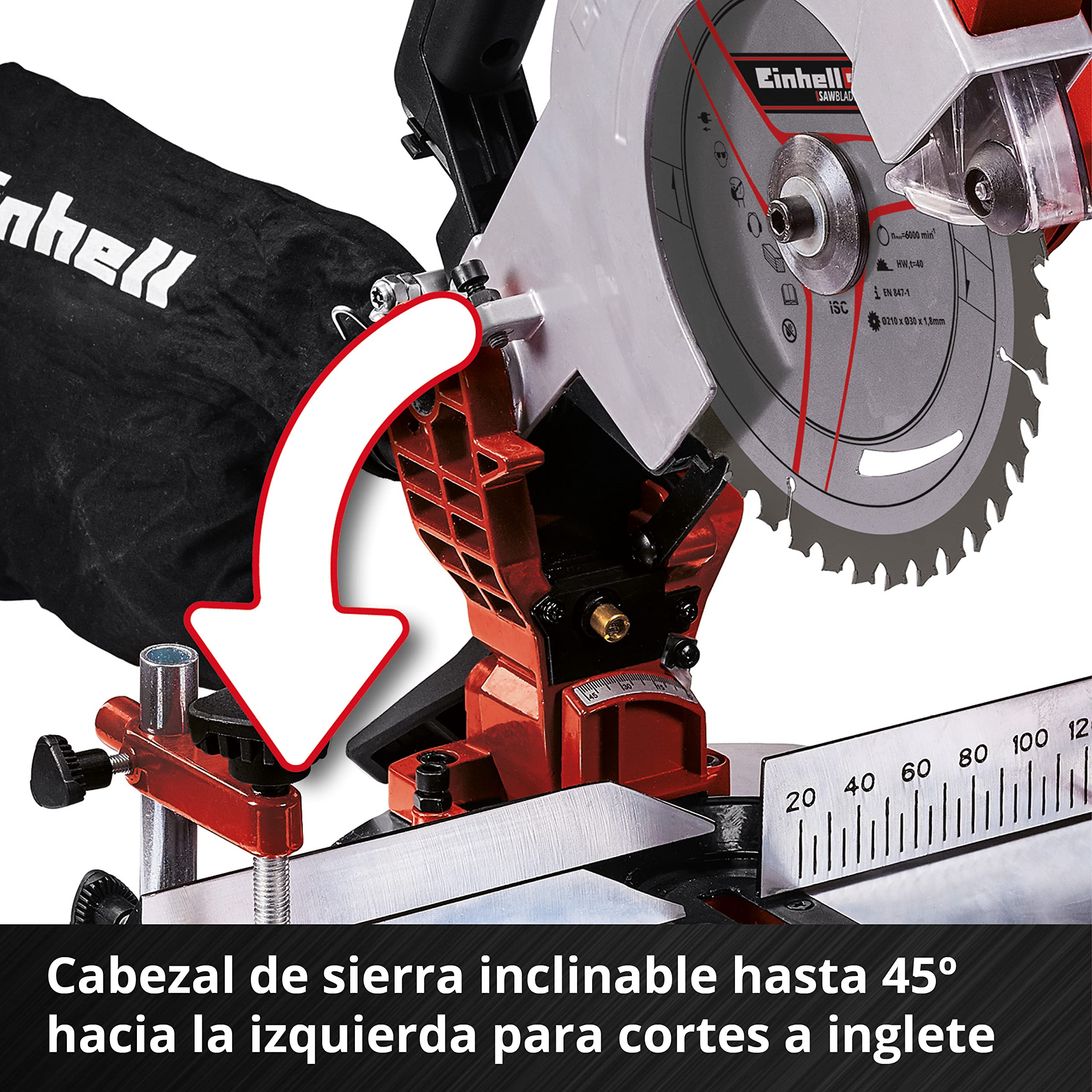 Einhell ingletadora inalámbrica - TE-MS 18/210 Li-Solo Power X-Change. Li-Ion, 18 V, 3.000 min-1, cabezal sierra abatible, soporte piezas X-Tend. No incluye batería ni cargador