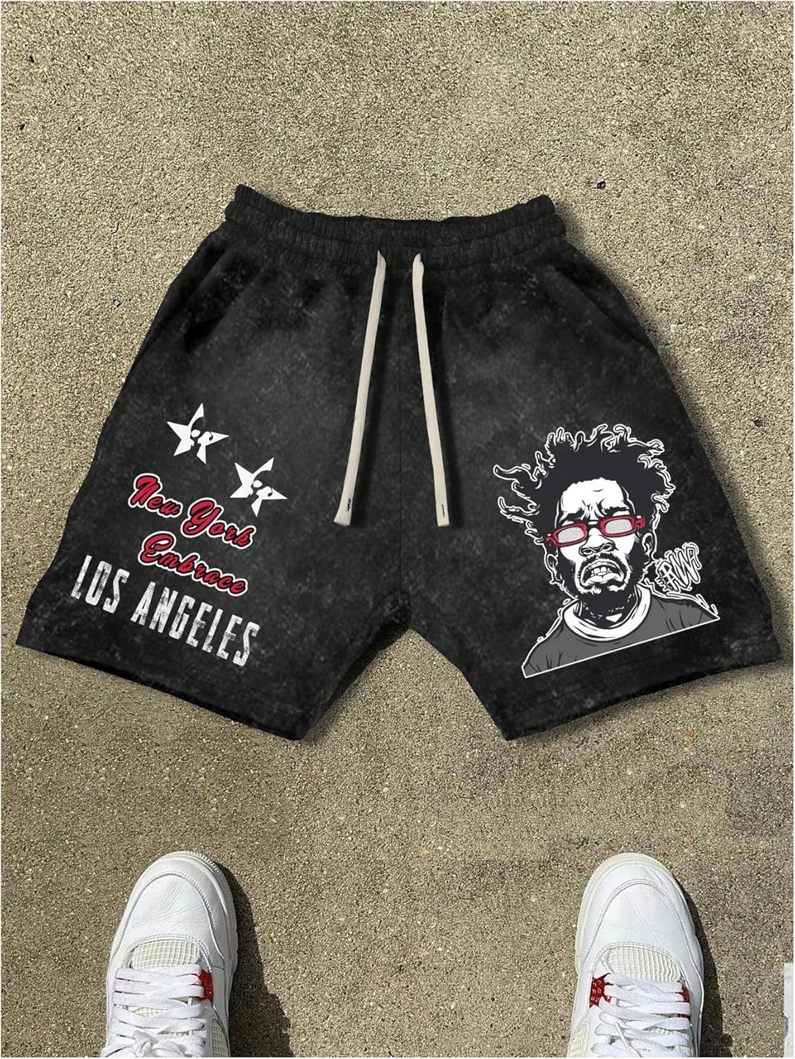 VIPWOLF Men's Graphic Shorts Drawstring Waist Figue Print Vintage Denim Shorts Streetwear Jorts