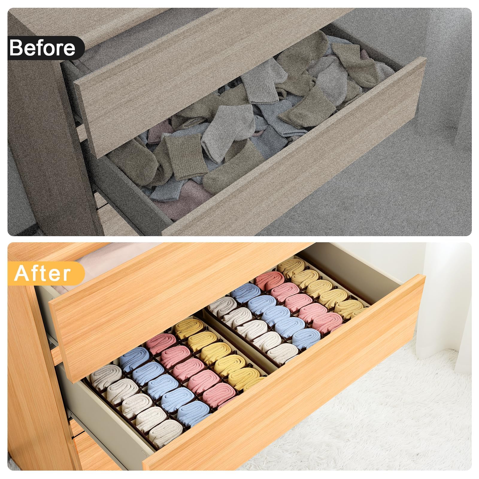 Socken-Organizer, 4 Stück, große Socken-Schubladen-Trennwand, Unterwäsche-Aufbewahrung, 24 Zellen, Schrank-Organizer und Aufbewahrung für Kleiderschränke, Schubladen (Beige)