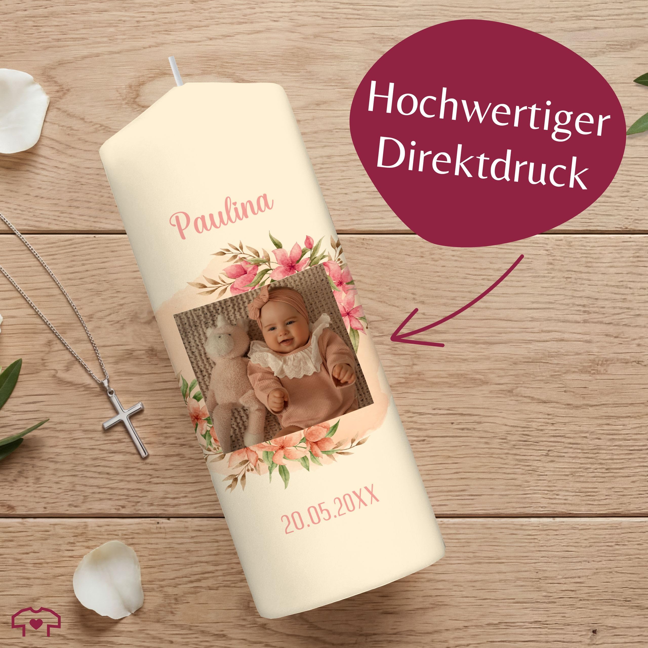 Taufkerze - Meine Taufe Wunschfoto mit Datum - personalisierte Deko Geschenke Taufgeschenk - 230/78 mm - Elfenbein