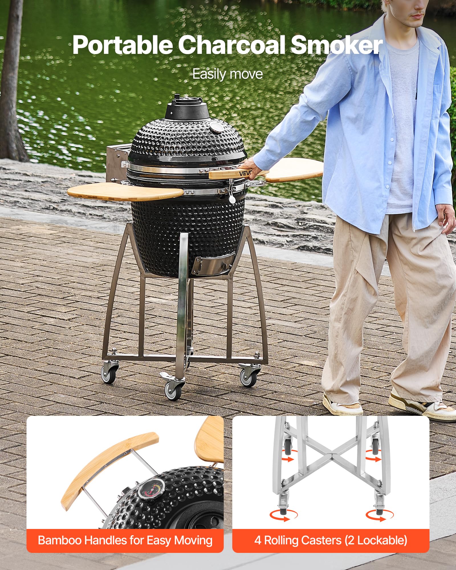 VEVOR Wędzarnia i grill na węgiel drzewny Kamado, 45 cm, ruchomy ceramiczny grill z 4 kółkami (2 zamykane), wbudowany termometr, otwory wentylacyjne i półka boczna do gotowania na zewnątrz na patio
