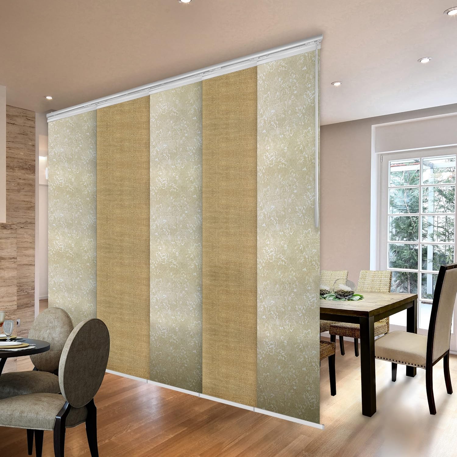 5-Panel Single Rail Panel Track Extendable 58"-110" W x 94" H, Panel Width 23.5", Honey, Dahlia