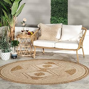 nuLOOM 7' Round Outdoor Area Rug, Casual Design With Striped Border, Stain Resistant, Highly Durable, For Patio, Balcony, Bedroom, Living Room, Dining Room, Bathroom, Light Brown