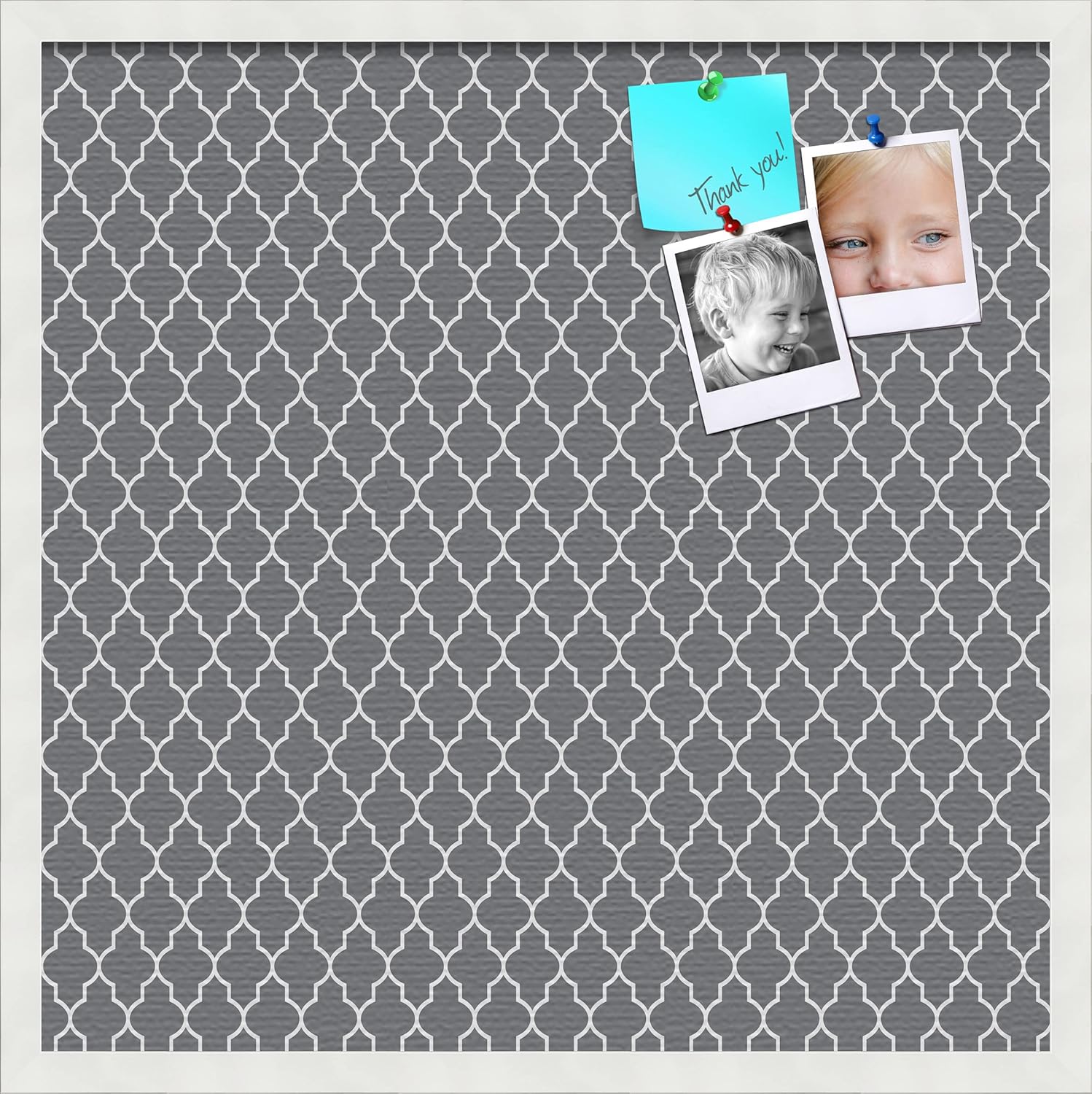 PinPix 24x24 Custom Cork Bulletin Board Quatrefoil Dk Grey Poster Board with a Canvas Style Photo Board, Framed in Satin White Frame (PinPix-583)