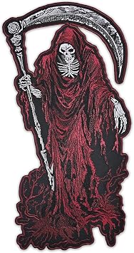 EMBROVERSE Red Grim Reaper Embroidered Patch - Gothic Death Scythe, Large Dark Art Cosplay Skeleton Horror Applique for Jackets, Biker Vests, Iron On, 6.5 x 12.5 inches