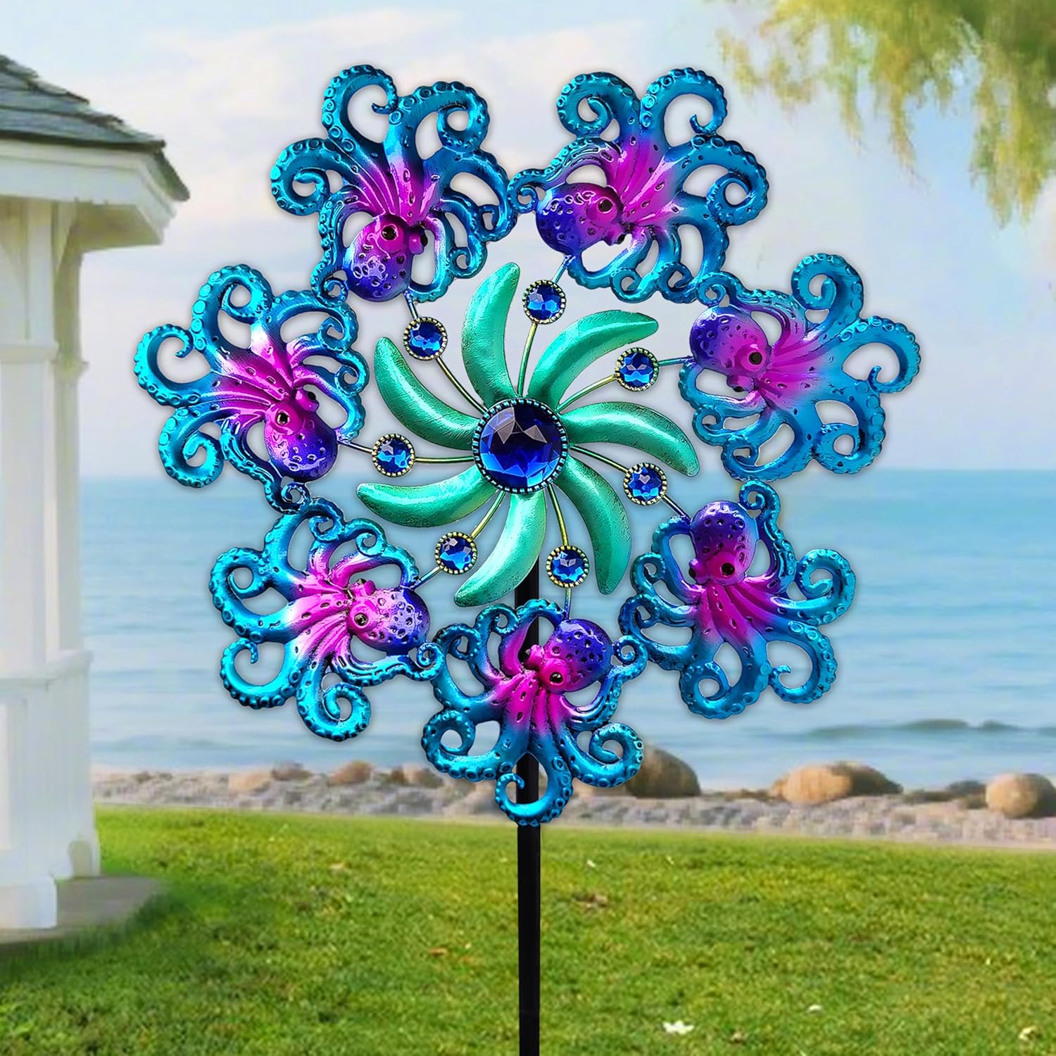COOZZYHOUR 48" Octopus Wind Spinners for Yard and Garden,Ocean Theme Outdoor Decor with Metal Stake Yard Spinners,Wind Sculpture Decorations for Patio,Lawn & Garden