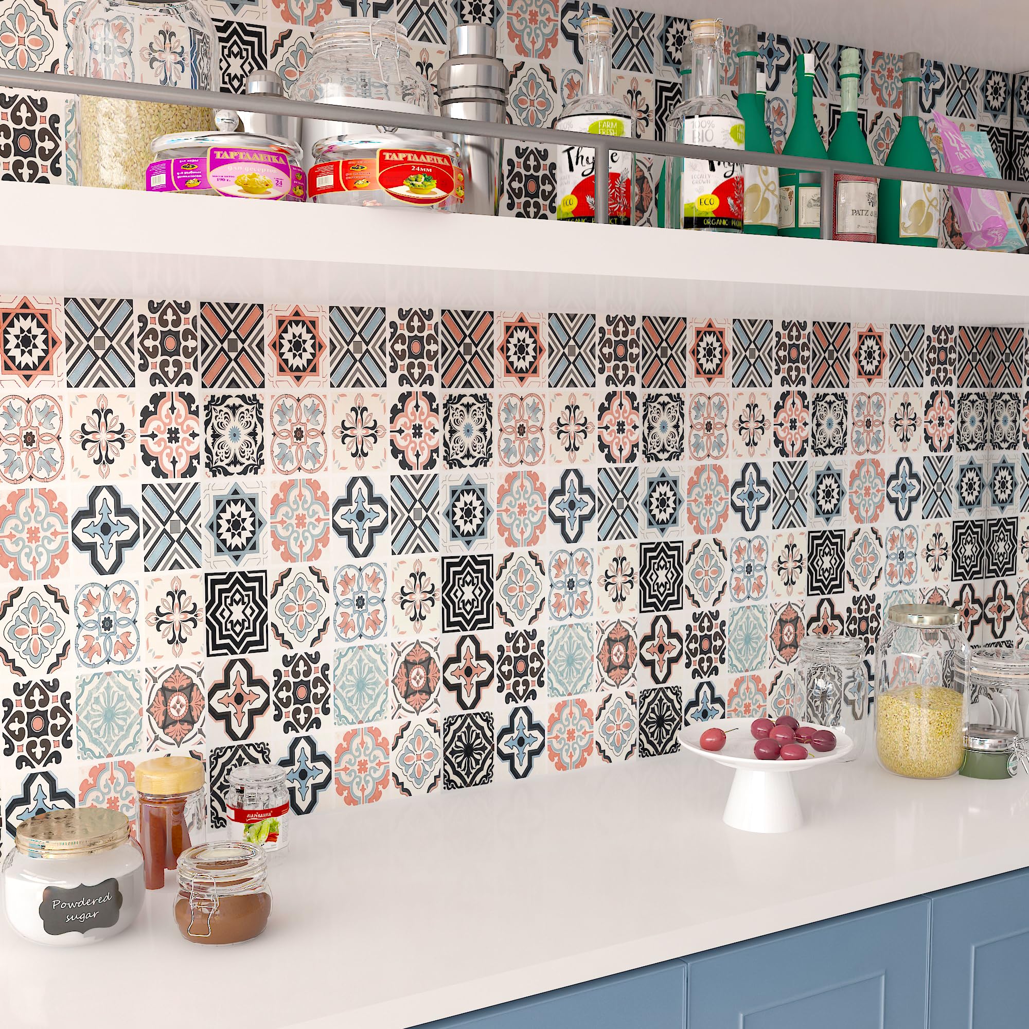 JSEVEM 16"×354" Thick Bohemian Pattern Wallpaper Peel and Stick Blue Pink Black Grey Matte Mexican Moroccan Contact Paper Vinyl Wrap Colorful Wall