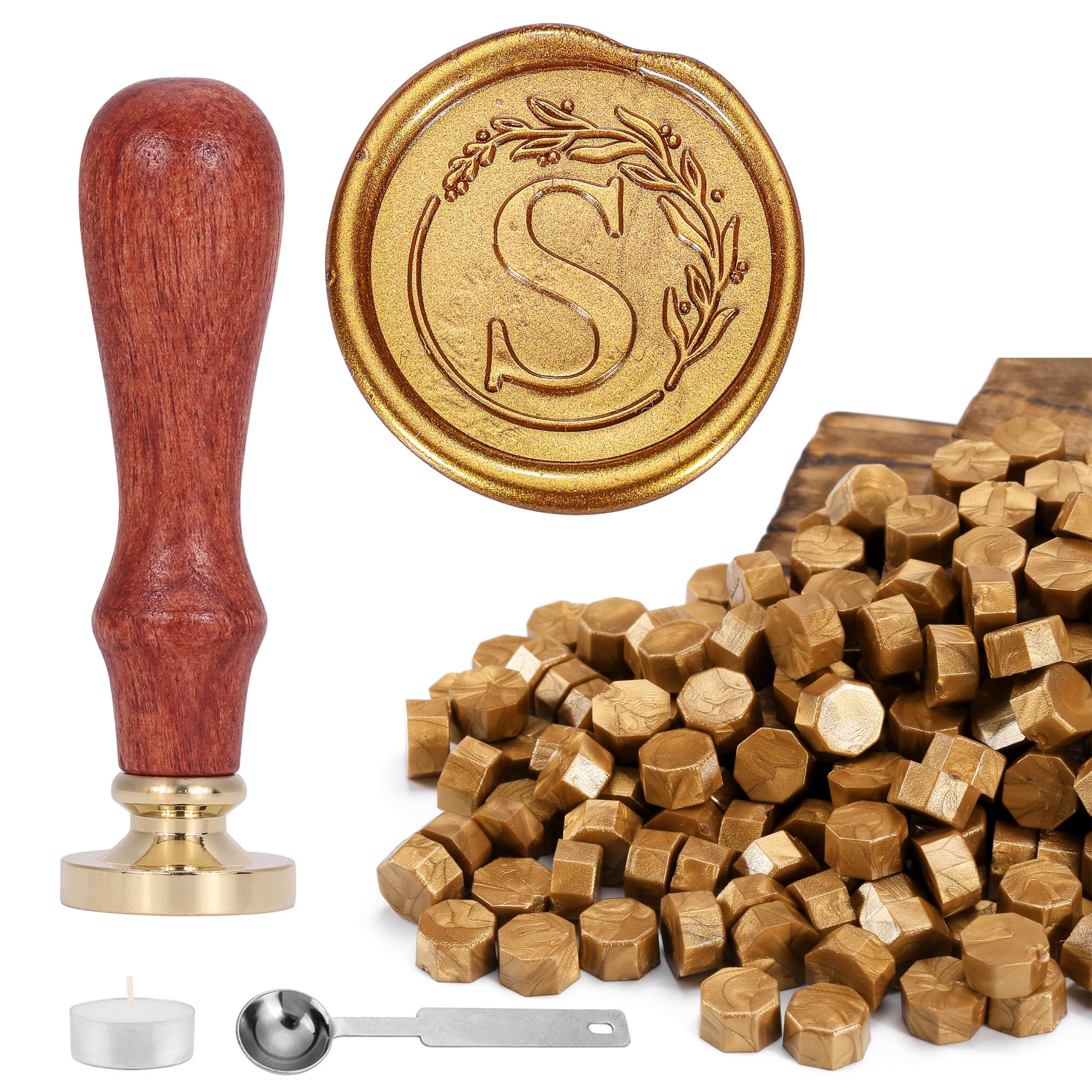 Yoption Letter Wax Seal Kit, Vintage Initial Alphabet S with Wreath Sealing Stamp and 120 Antique Gold Wax Seal Beads
