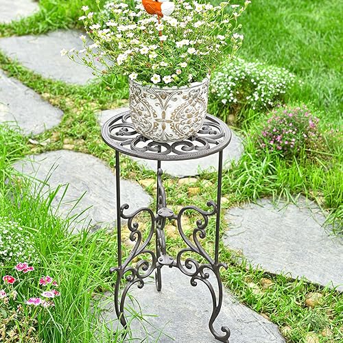 Miniatura 3 de Sungmor Soporte para plantas en maceta de hierro fundido resistente, estante de metal de 1 nivel de 19.3 pulgadas, soporte decorativo para macetas,