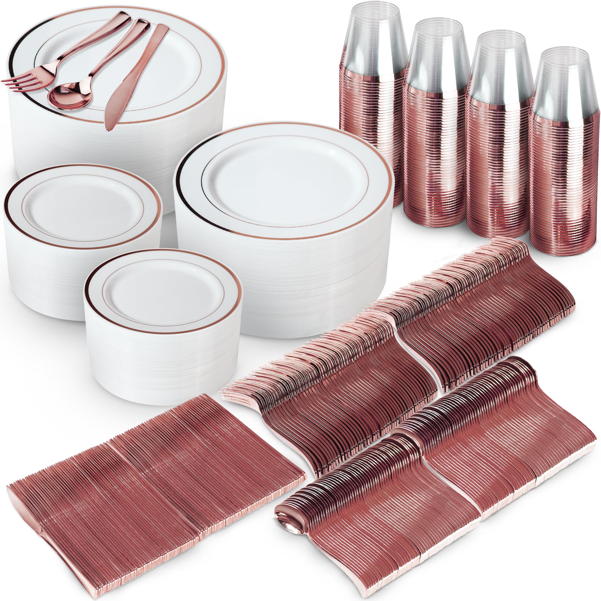 1200 Piece Rose Gold Dinnerware Set - 400 White Plates, 600 Plastic Silverware, 200 Cups - Disposable Set for 200 Guests Party
