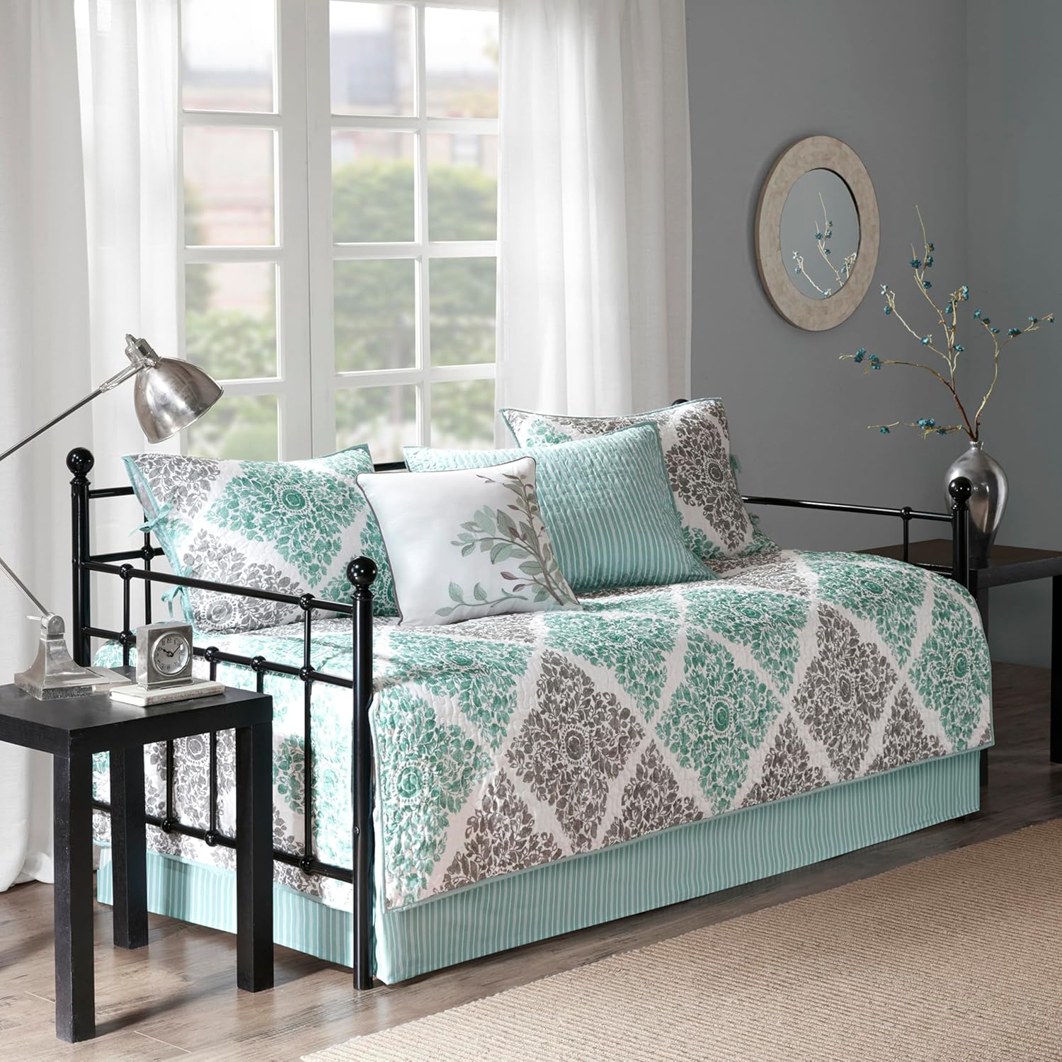 Madison Park Daybed Cover Set - Double Sided Quilting Casual Design, All Season Bedding with Bedskirt, Matching Shams, Decorative Pillow, 75"x39", Diamond Aqua 6 Piece