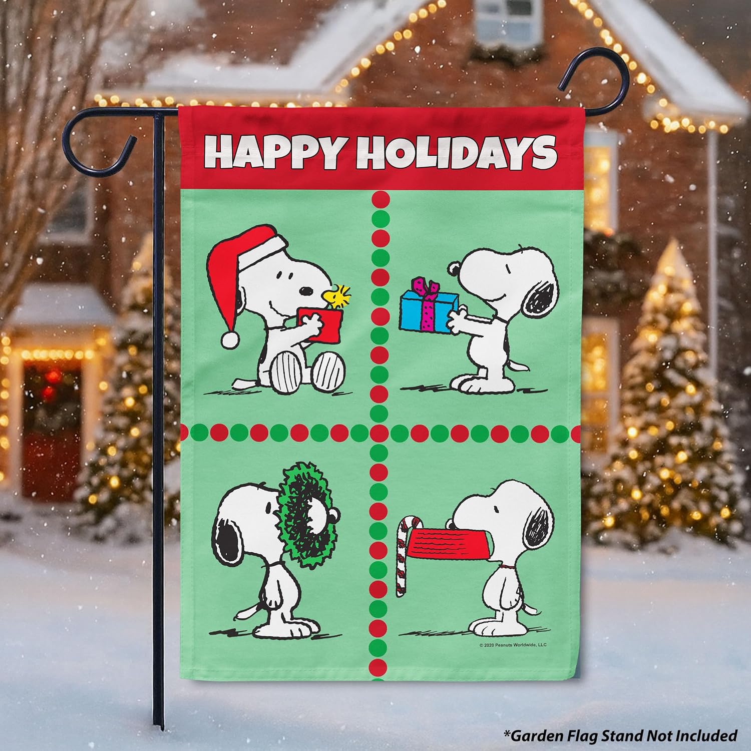 Flagology, PEANUTS, Happy Holidays 4-Block – Garden Flag 12" x 18", Officially Licensed Peanuts, Christmas