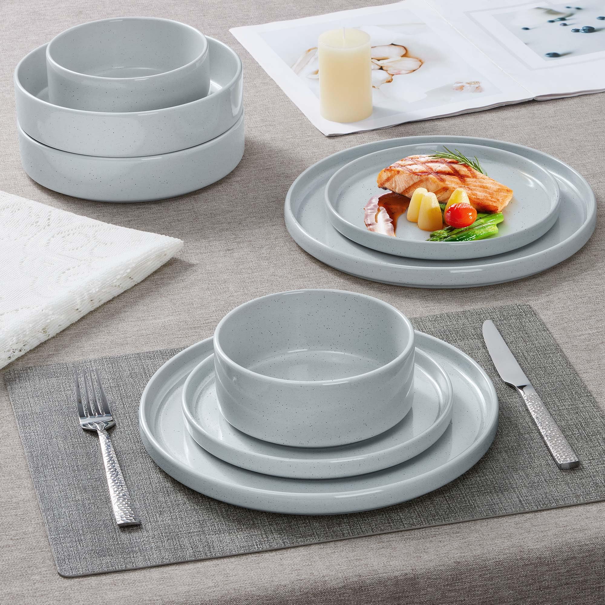 Herogo Steingut-Geschirr-Set mit Salatschüsseln, Küchen-Geschirr-Set für 4, 16-teilige Teller und Müslischalen, splitter- und kratzfestes Geschirr,
