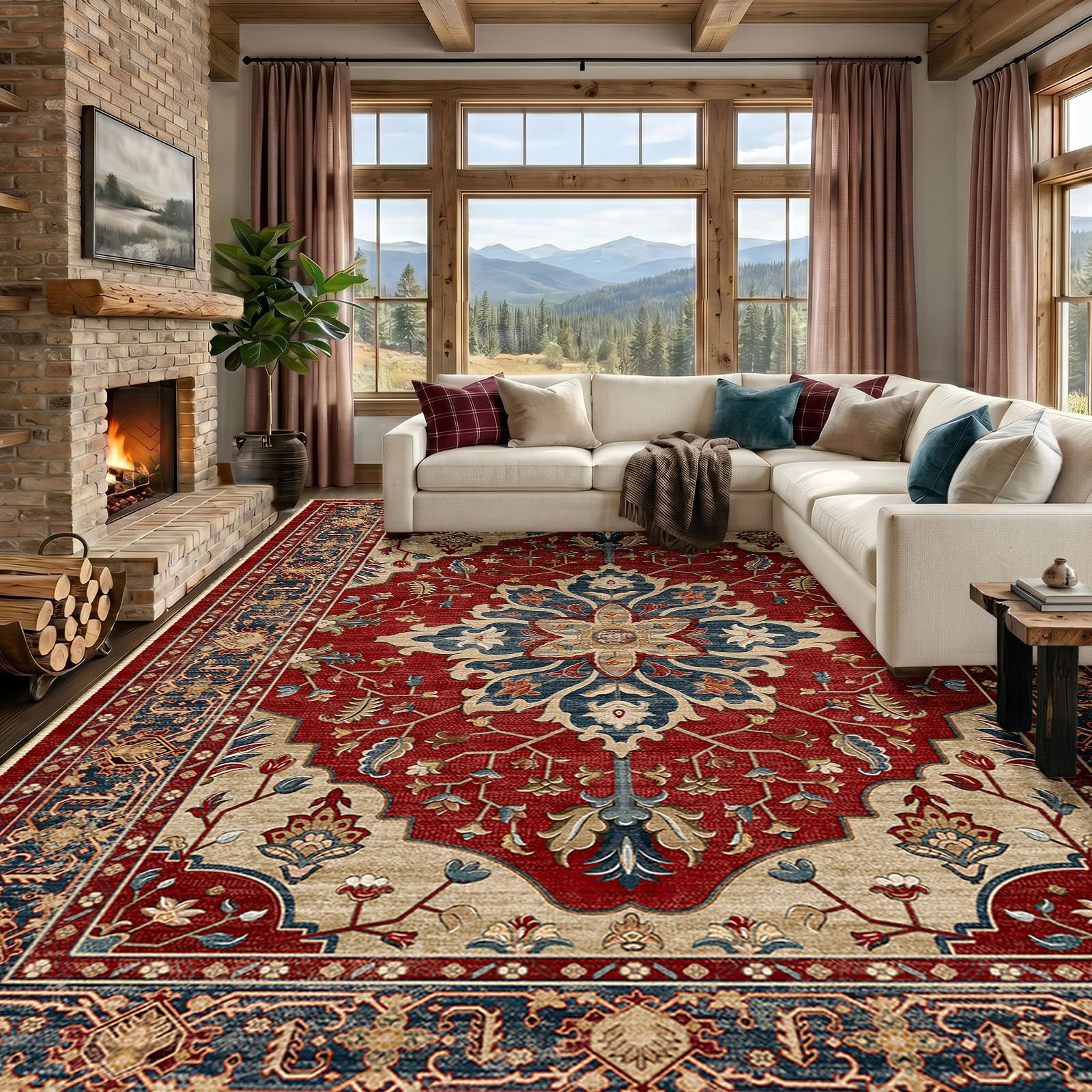 RELEANY Washable Area Rug, Large 10'x14', Red/Blue | Non-Slip, Water Repellent, Pet Friendly, Easy to Clean, Vintage Floral Boho Decor for Living Room Bedroom Dining Room
