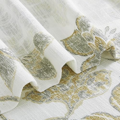 Miniatura 4 de Panel de cortina con estampado botánico floral con hojas amarillas y grises para casa de campo rústica, textura de lino con ojales en la parte