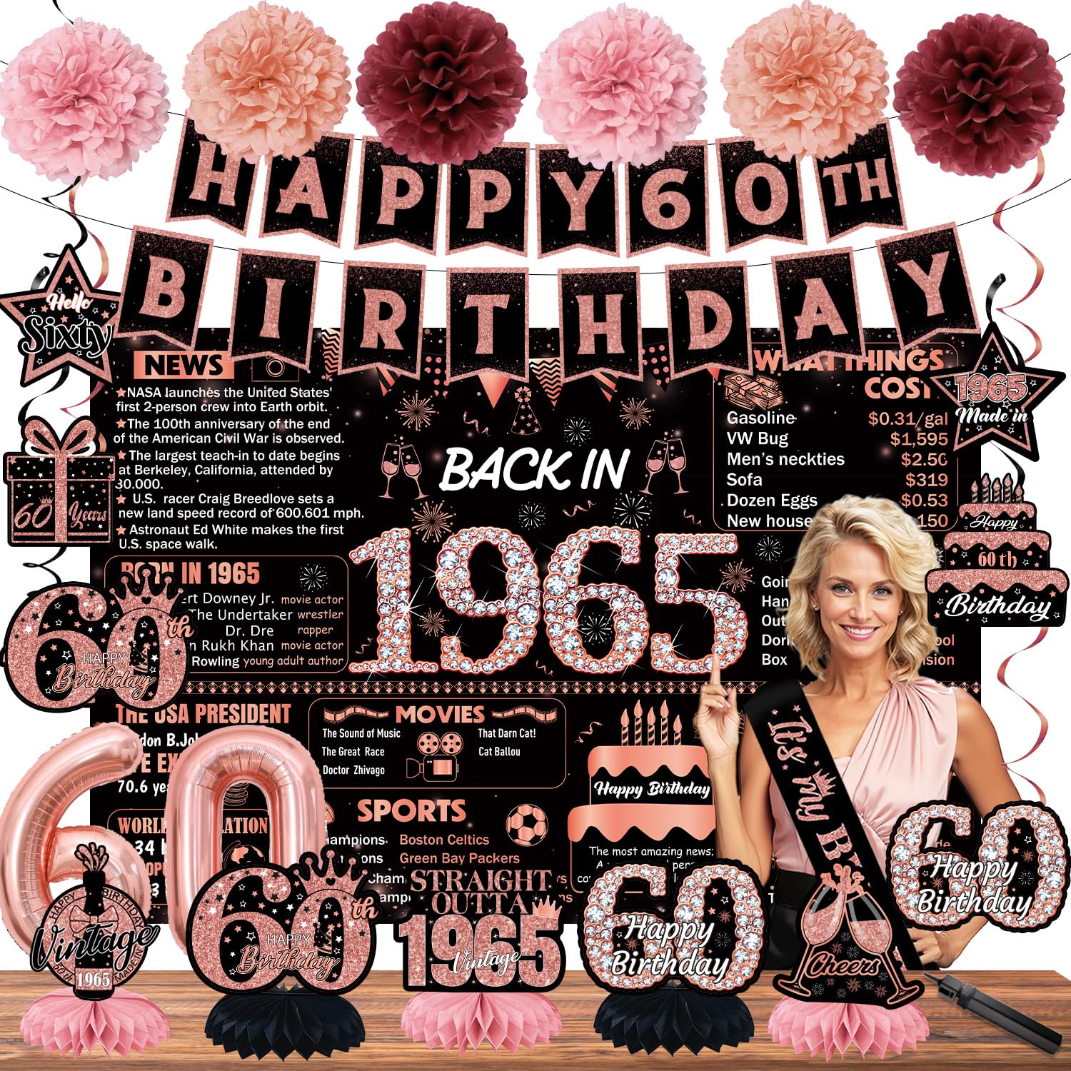 22pcs-60th birthday decorations, 1965 Banner Party Supplies, 60th Birthday Decorations for Women, Rose Gold 60 Year Old Birthday Backdrop,Vintage 60Birthday Honeycomb+Hanging Swirl+Paper Poms+Pump