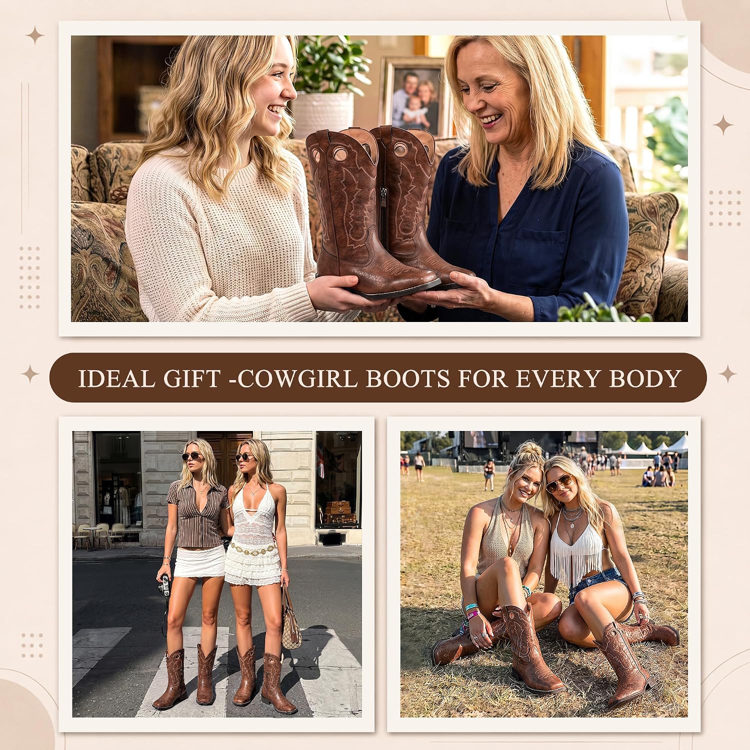 SheSole Cowboy Boots for Women Wide Calf Western Embroidered Cowgirl Boots Square Toe Mid Calf Chunky Heel Country Boot