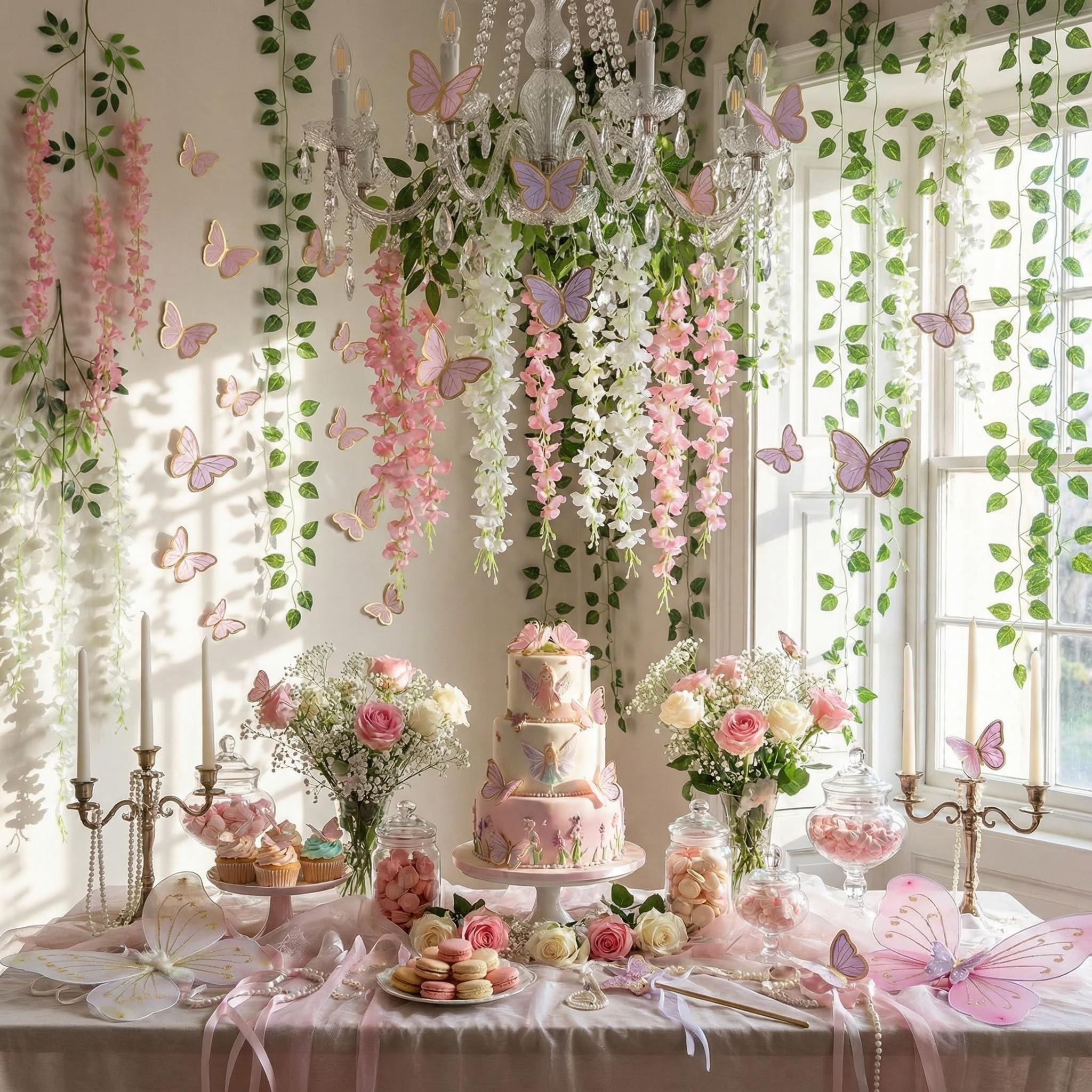 Canlierr 58 Pcs Fairy Party Garland Decoration Artificial Wisteria Hanging Flowers Garland 3.6 Feet Vine Rattan Ivy Greenery Butterfly Decor for Spring Home Garden Wedding Party(Pink, White)