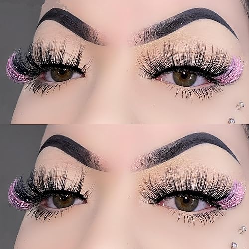 Miniatura 3 de Pestañas postizas negras y rosas con purpurina de color, 1 par de pestañas para mujer, pestañas postizas con reflejos en el extremo, tira de