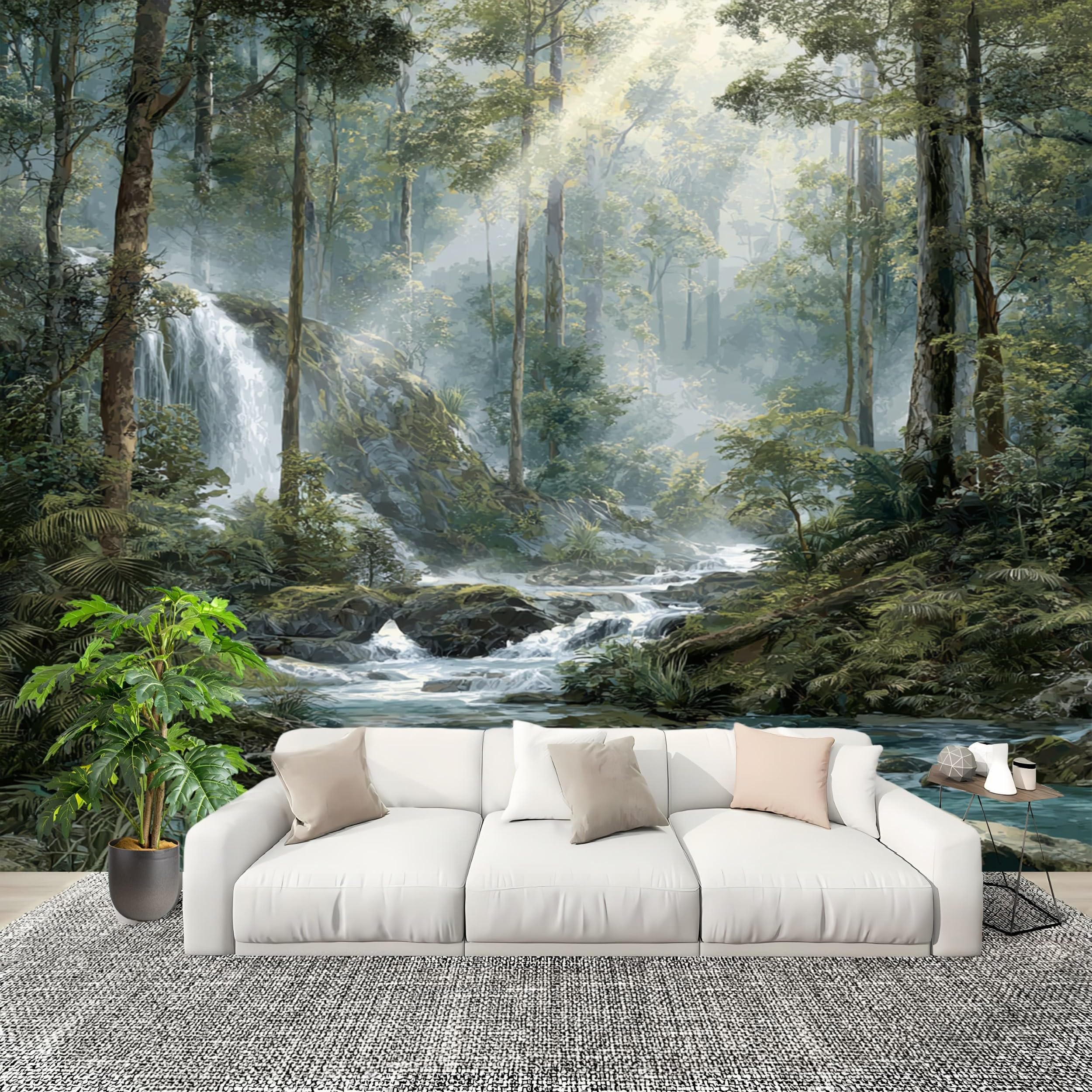 Papier peint panoramique intissé vert forêt de 250x175 cm pour chambre raffinée