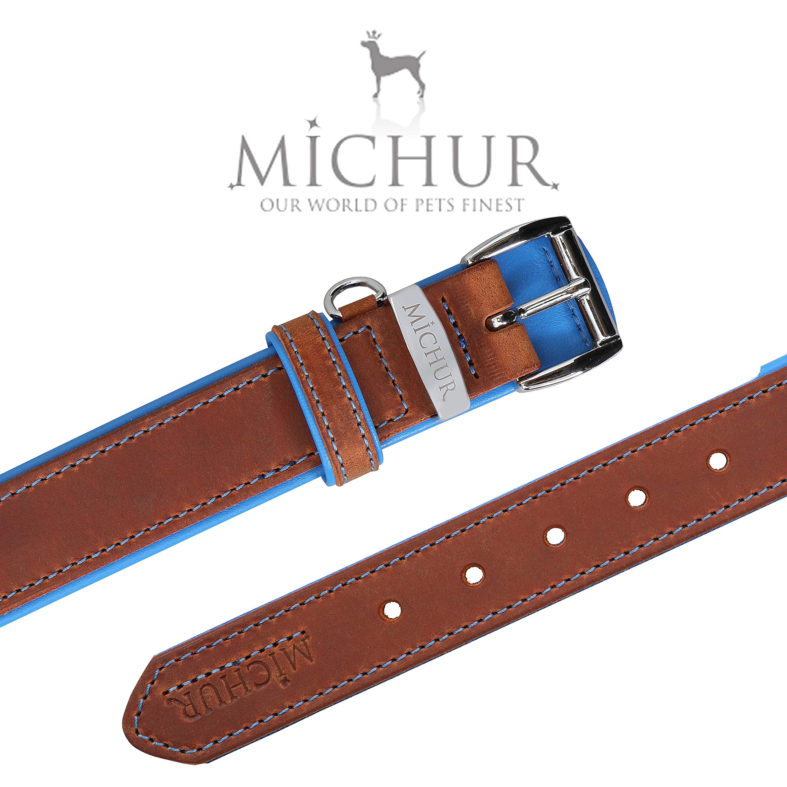 MICHUR Charly Hundehalsband Leder Braun Blau, Lederhalsband Hund, Halsband, Leder, in verschiedenen Größen erhältlich