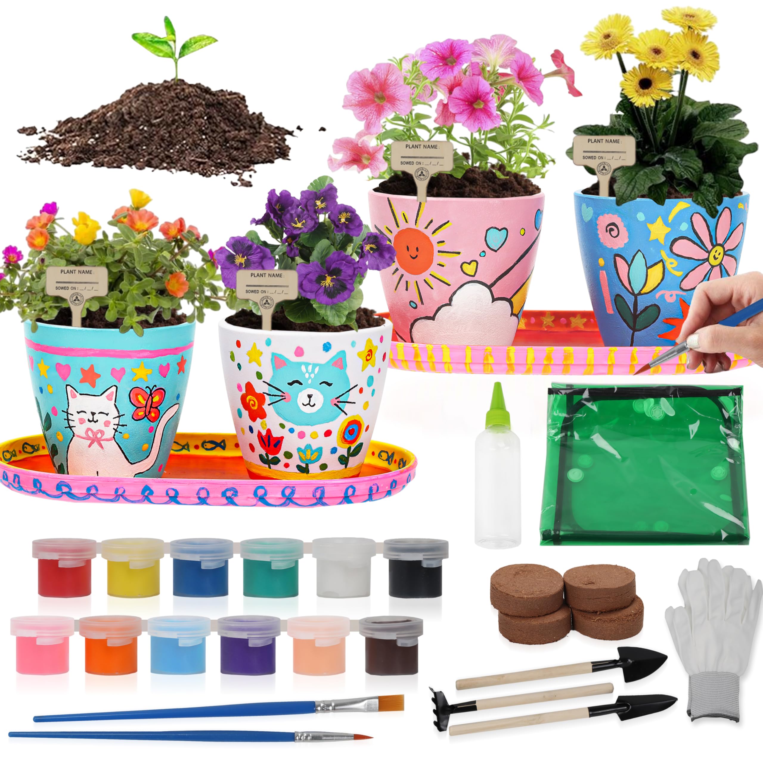 Kit de jardinería de flores de pintura y plantas con 4 macetas, juego de jardinería para niños de 8 a 12 años, kit de actividades de arte y manualidades de primavera, regalos educativos