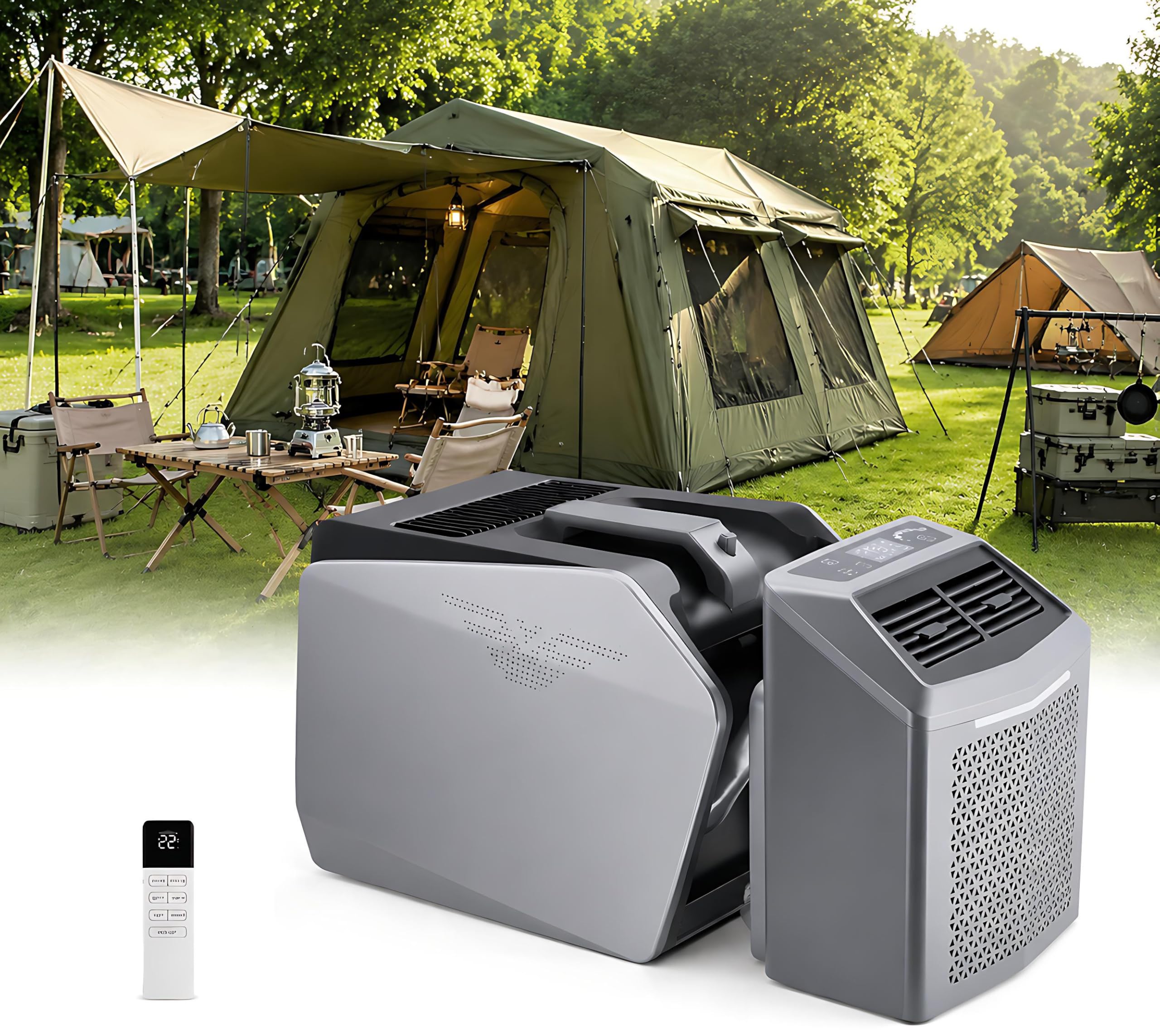 KPOUYYDS Portable Camping Air Conditioner, Tent AC Unit, 6200 BTU 550W, 48V DC/110V/220V AC, 4-in-1 Quiet Cooler with Fan Dehumidifier Sleep 12H Timer, for RV Van Life Truck Garage Outdoor 48V