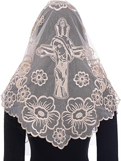 Catholic Veils for Church Women: Triangle Virgin Mary Cross Camellia Embroidered Lace Veil, Religious Veils for Mass
