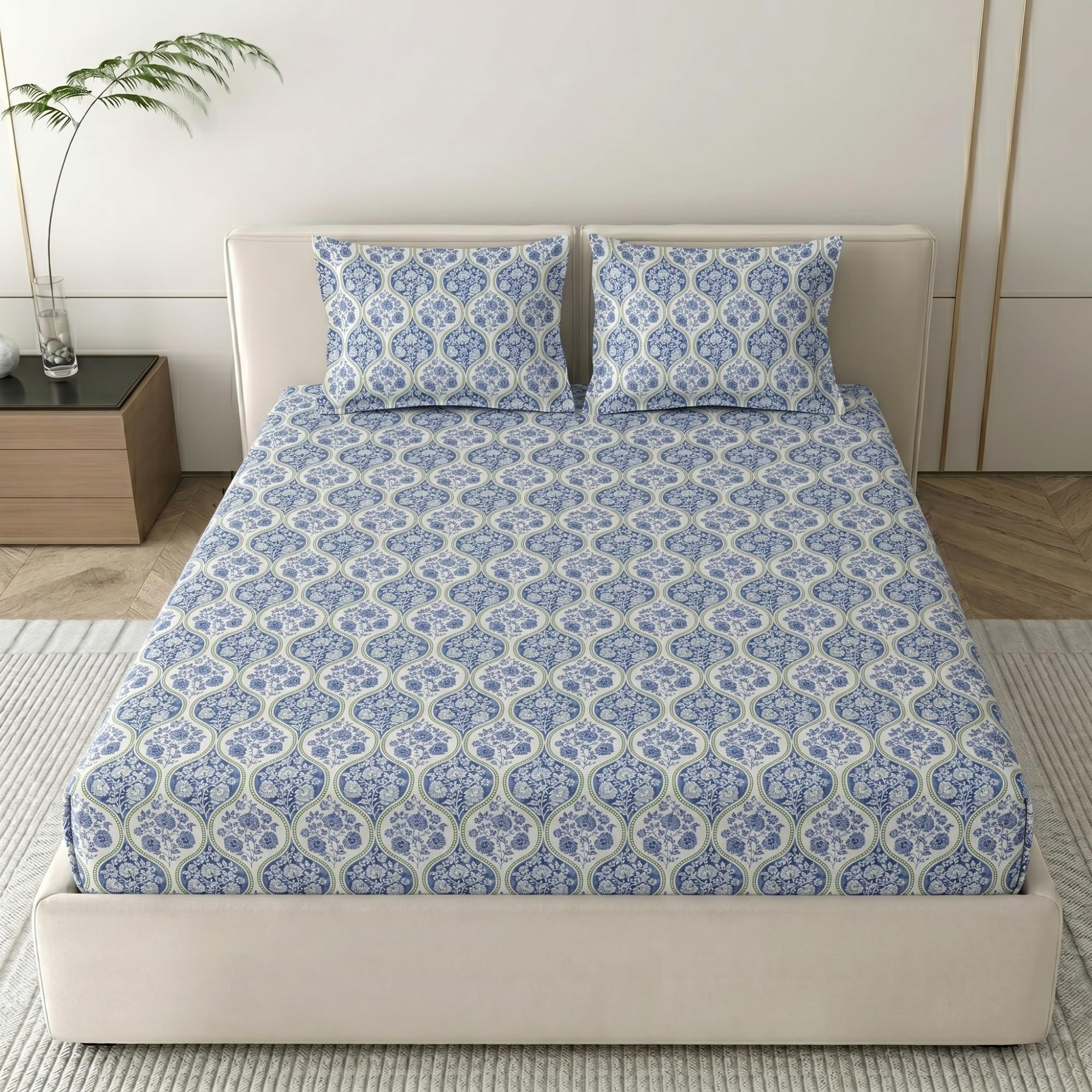 Mafatlal 186 TC Grace Cotton Bedsheet for Double Bed | Pure Cotton Fabric | 90 x 100 Inches | Soft, Durable & Comfortable | Includes 2 Pillow Covers | Baja Blue