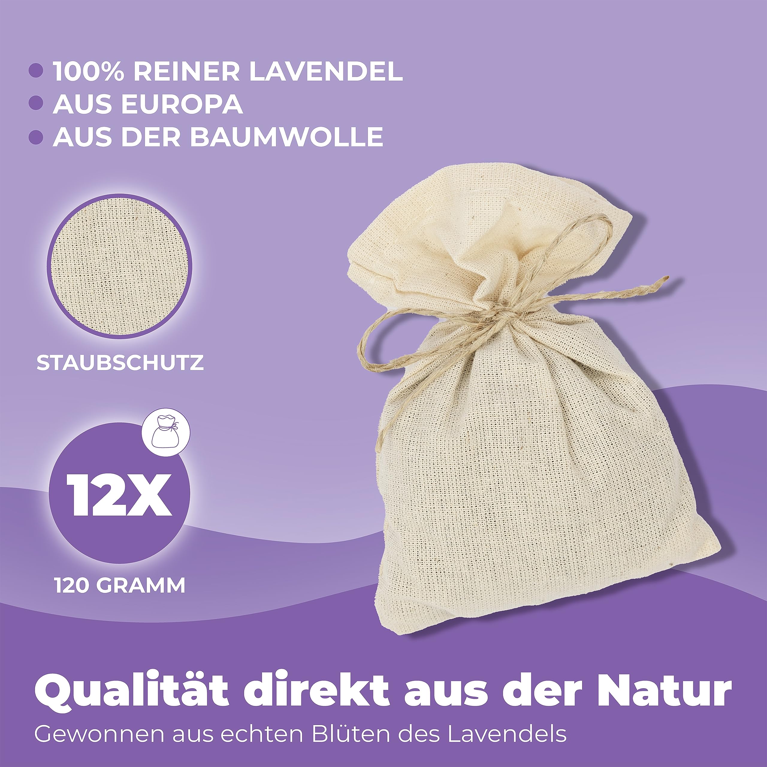 12 Lavendelsäckchen aus Baumwolle, 120g Lavendelblüten, Effektiver Mottenschutz für Kleiderschränke mit lang anhaltender Frische und Staubschutz