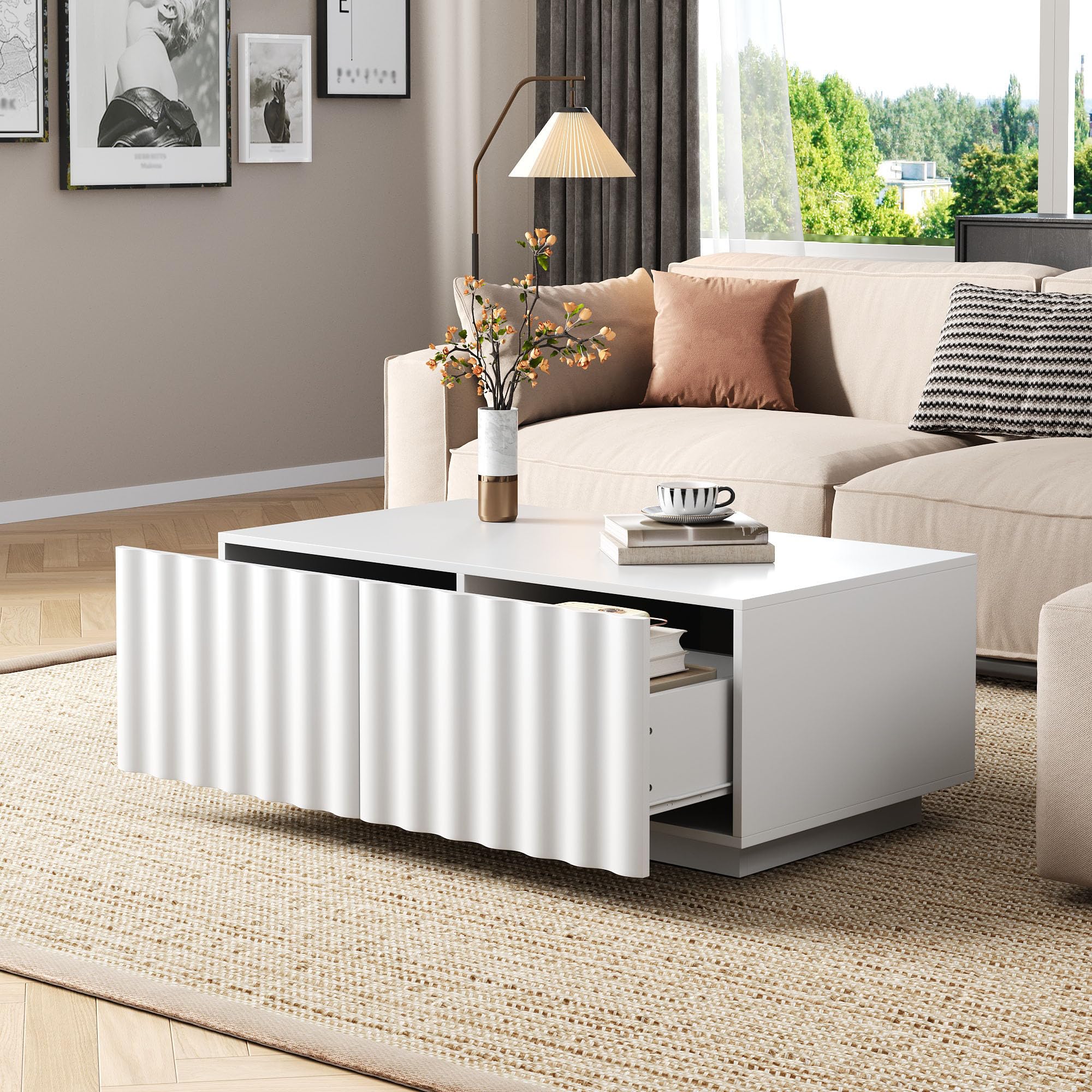 Wohnzimmer-Set mit Wellenoptik, TV-Schrank + Couchtisch, modernes Stauraumset,stabil und praktisch (Weiß)