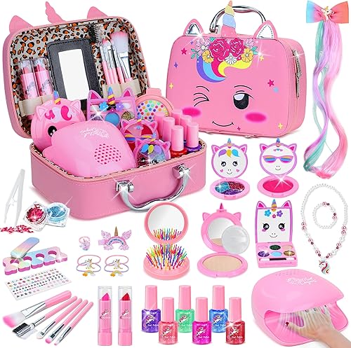 PERRYHOME Kit de maquillaje infantil para niña, juego de cosméticos lavables reales de unicornio, juguetes de maquillaje no tóxicos, juego de uñas