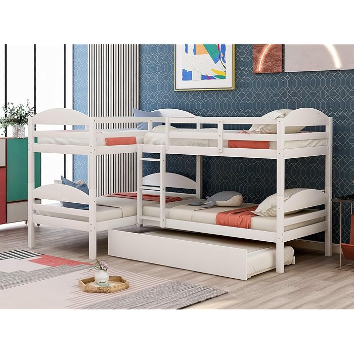 Buy Quad Bunk Bed with Trundle, L Shaped Bunk Bed for 4 Kids, Wooden