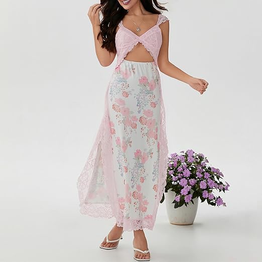 Michellecmm Women Sleeveless Maxi Dress Backless Bodycon Floral Printed  Spaghetti Strap Long Dress Summer Lace Cutout Dress (Blue, S) at Amazon  Women's Clothing store
