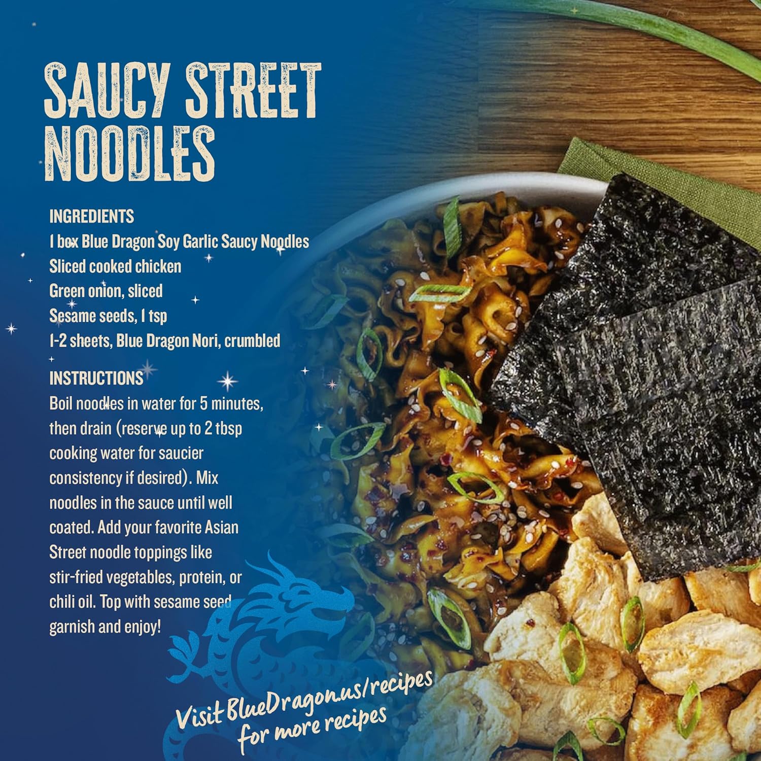 Blue Dragon Soy Garlic Saucy Noodles - 4.2oz (Pack of 6) - Knife Cut Air Dried Noodles w/Soy Garlic Sauce & Chili Garnish - Quick & Easy Meal with Authentic Asian Flavors - Perfect Mild Spicy Noodles