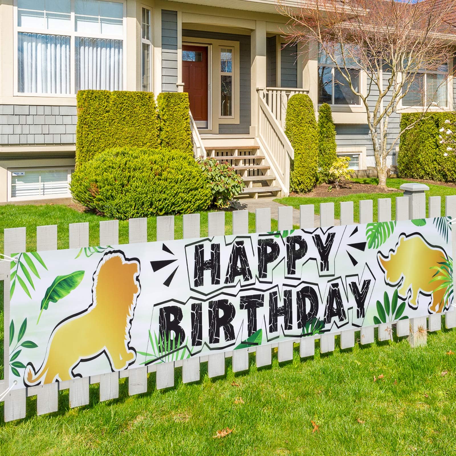 Gold Jungle Animal Happy Birthday Banner - 19'' x 118'' Large Outdoor Decorations for Kids Boys Jungle Safari Theme Birthday Party Supplies Big Fence Yard Sign Photo Background