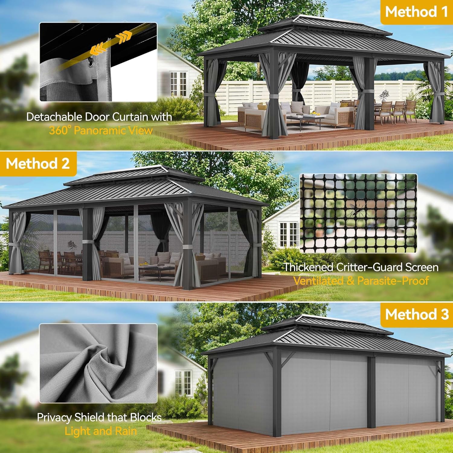 DWVO 12x20ft Aluminum Gazebo Hardtop Double Roof Canopy Outdoor Gazebo Galvanized Roof with Netting and Curtain Garden Tent for Patio, Backyard and Deck