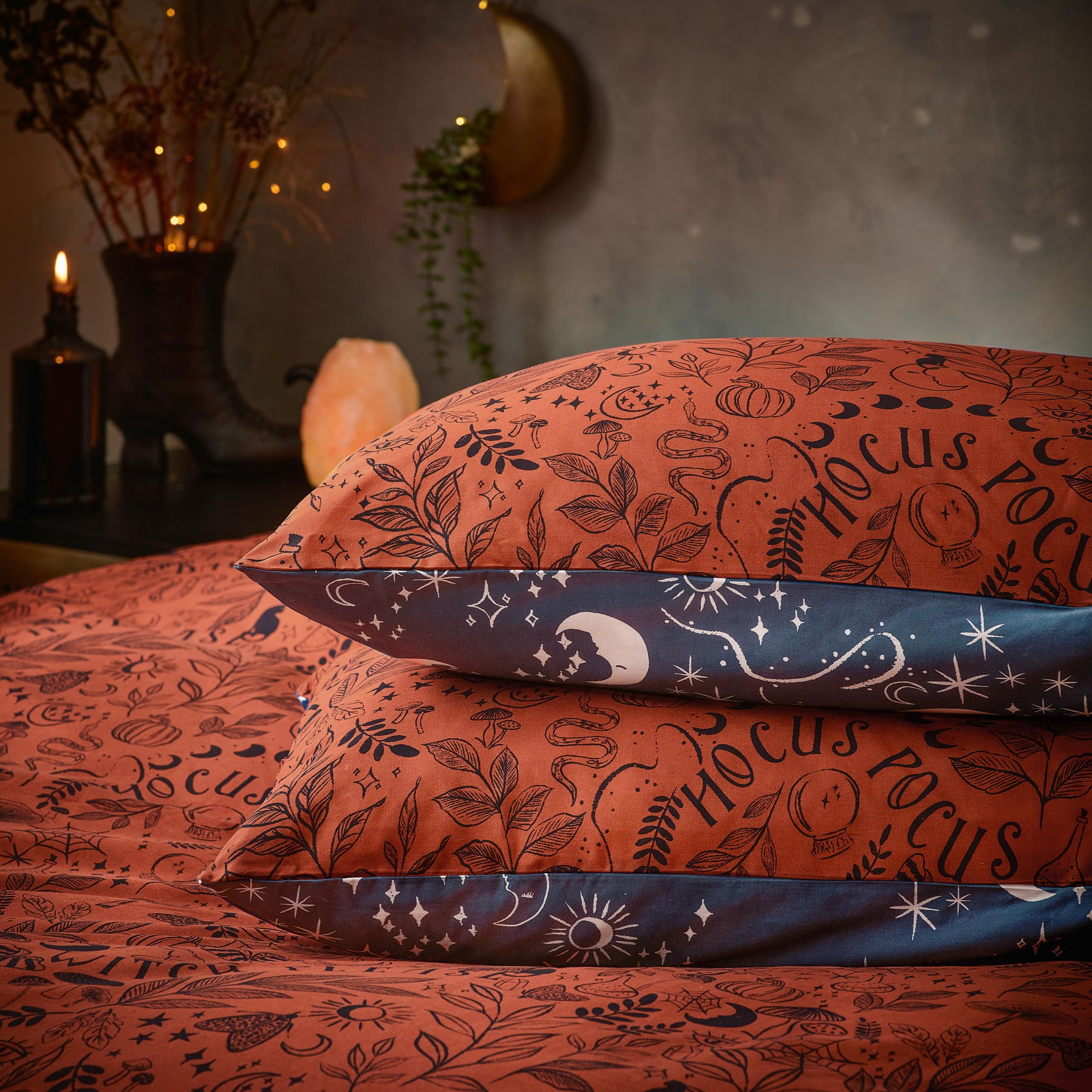 Furn Witchy Vibes Duvet Cover Set - Reversible Halloween Design Soft Cotton Blend with Celestial Reverse (Orange - Double) - Image 2