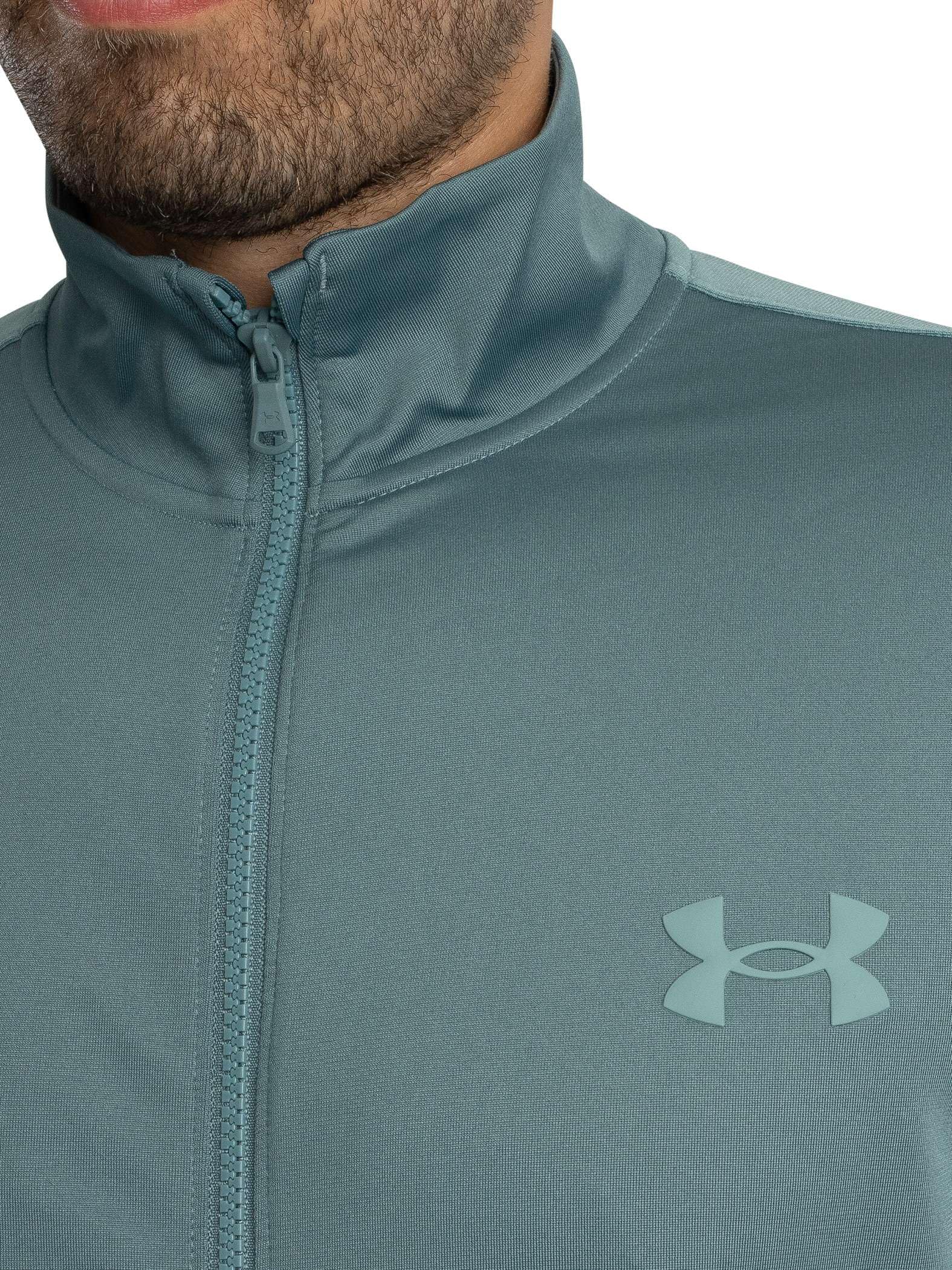 Under Armour Męski dres treningowy z dzianiny, wygodny i szybkoschnący, top i spodnie do biegania z kieszeniami, męski dres treningowy i do noszenia na co dzień, jaspis niebieski/serpentyna/serpentyna
