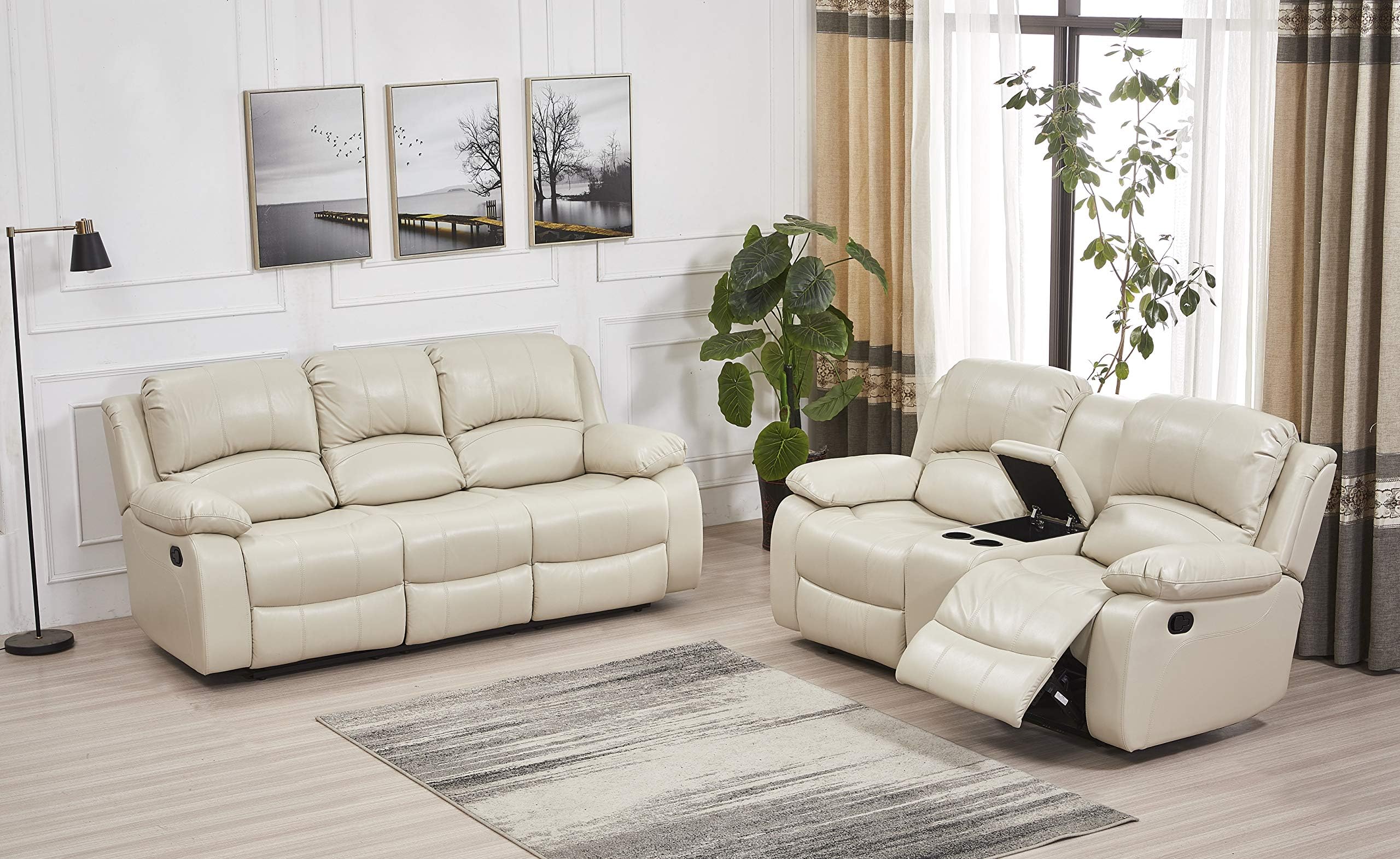 Betsy Furniture 2PC Bonded Leather Recliner Set, Sofa, Loveseat, 8018, Beige