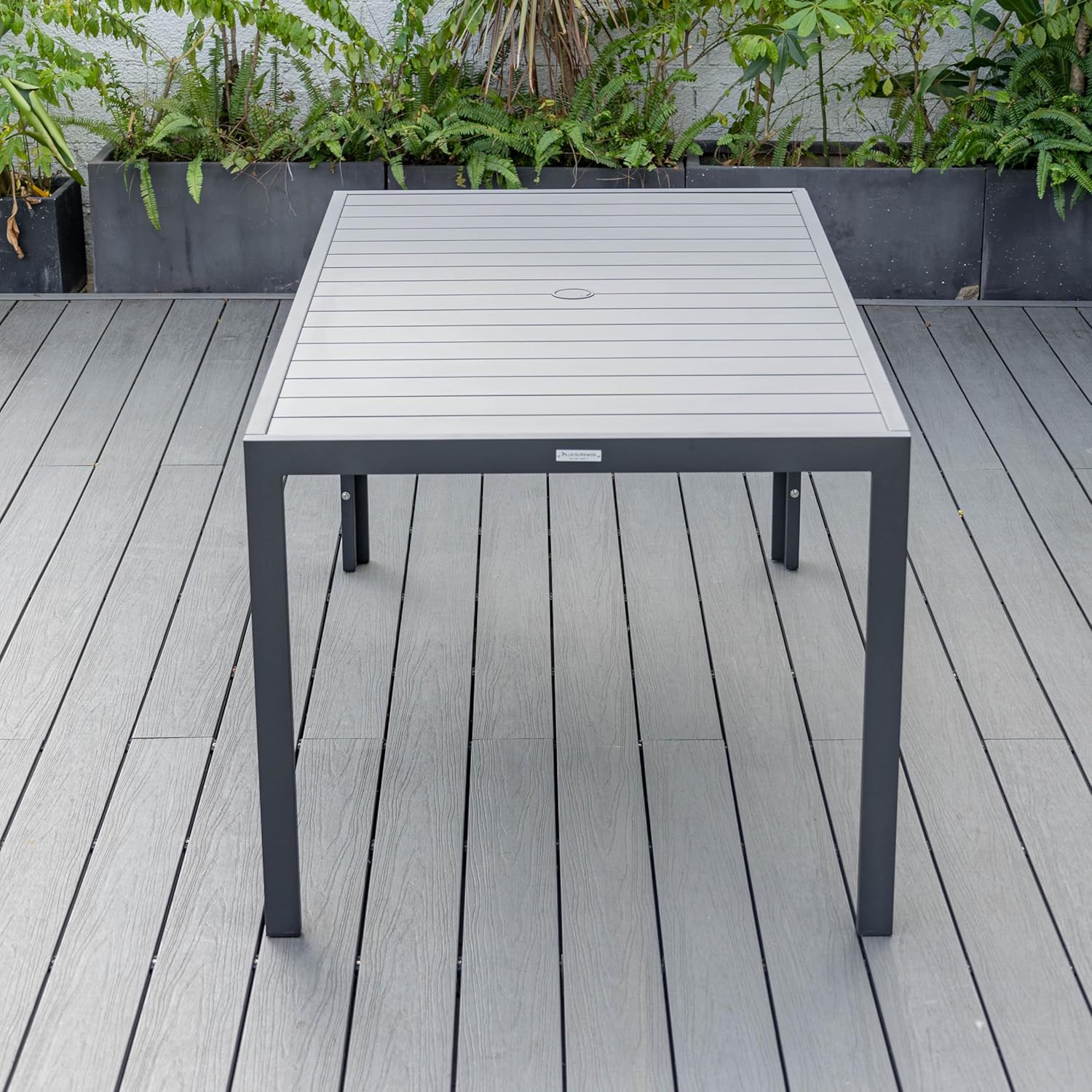 LeisureMod 63 Inch Rectangular Black Aluminum Dining Table, Mid-Century Modern Outdoor Patio Table