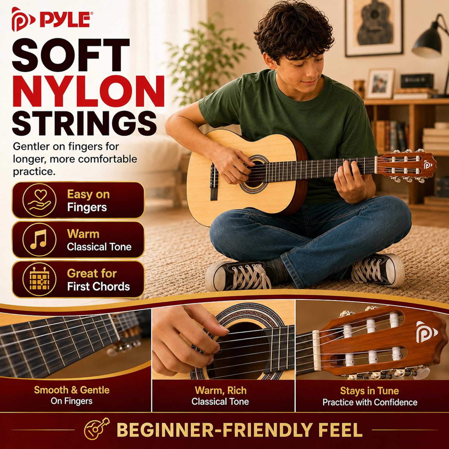 Pyle 30-Inch Beginner Acoustic Guitar Kit, 1/4 Size Junior Classical Nylon String Guitar for Kids and Adults, Includes Gig Bag, Strap, Spare Strings, Picks, Cleaning Cloth, Natural, Gloss