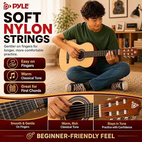 Pyle Beginner Acoustic Guitar Kit, 1/4 Junior Size All Wood Instrument for Kids, Adults, 30 Natural Ash
