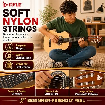 Pyle Beginner Acoustic Guitar Kit, 1/4 Junior Size All Wood Instrument for Kids, Adults, 30 Natural Ash