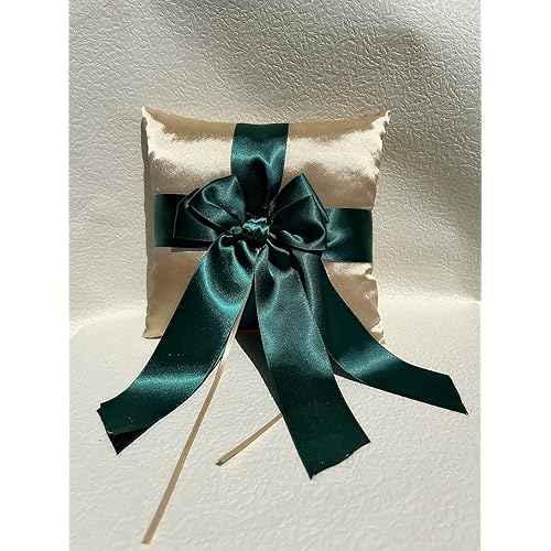 Gold Wedding Ring Bearer Pillow with Dark Green Satin Ribbon Bow Décor Wedding Ceremony Anniversary Vow Renewal Party Favor, Gold & Beige (Gold & Dark Green Pillow)