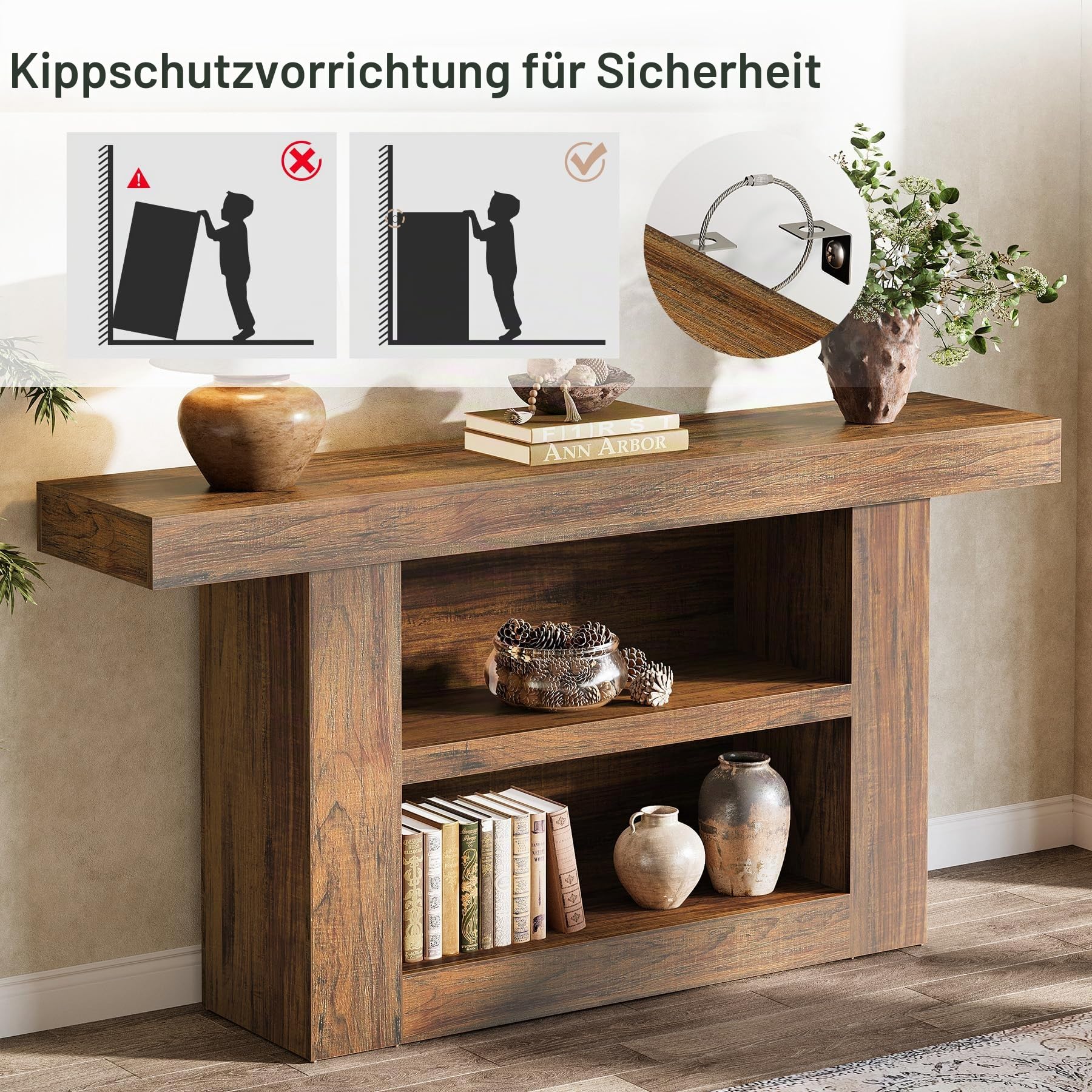 Tribesigns Konsolentisch, 160 cm, Beistelltisch, Flurtisch mit für Eingang, Schmaler Sofatisch mit 3 Etagen aus Holz hinter der Couch, für Eingang, Flur, Wohnzimmer, Braun
