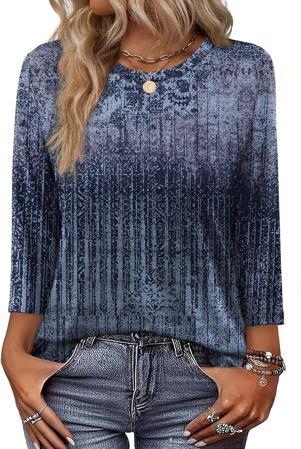 OFEEFAN 3/4 Length Sleeve Womens Tops Dressy Casual Blouses Crew Neck T Shirt Fashion Clothing Loose Fit