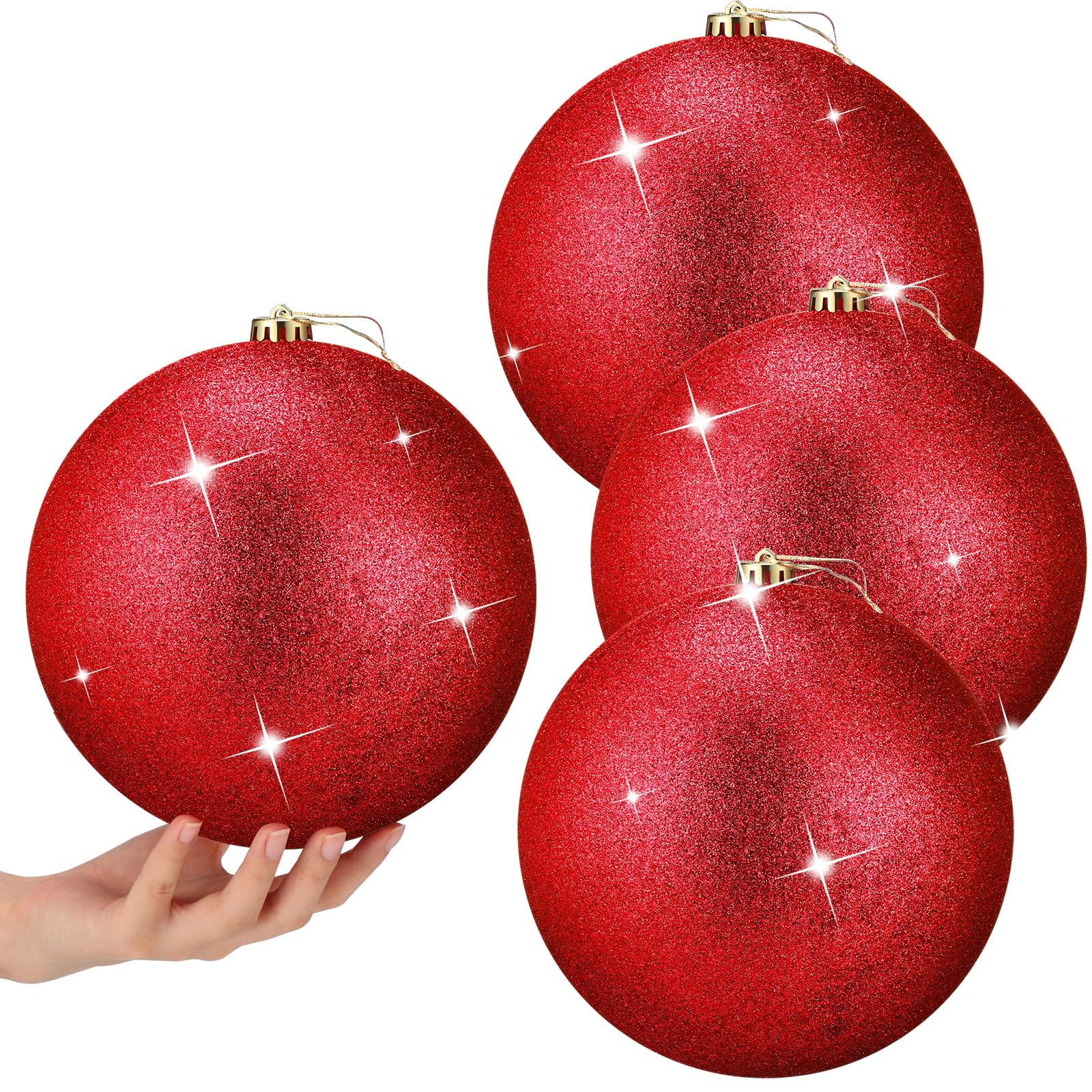 Zubebe 4 Pcs Extra Large Christmas Ball Ornaments 8'' (200 Mm) Giant Oversized Plastic Xmas Ball Big Hanging Christmas Tree Ornaments for Holiday Party Outdoor Decor(Sequin Red)